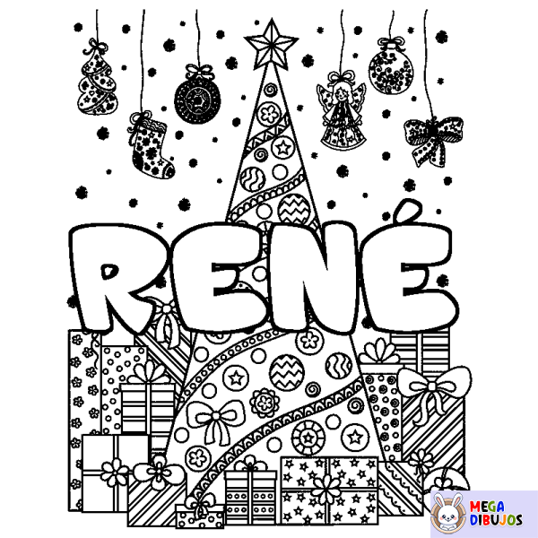 Coloración del nombre REN&Eacute; - decorado &aacute;rbol de Navidad y regalos