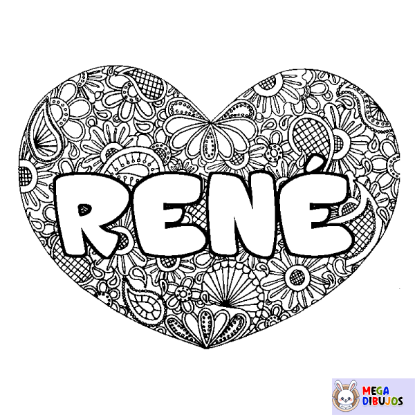 Coloración del nombre REN&Eacute; - decorado mandala de coraz&oacute;n