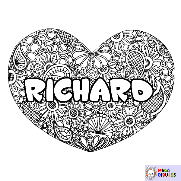 Coloración del nombre RICHARD - decorado mandala de coraz&oacute;n