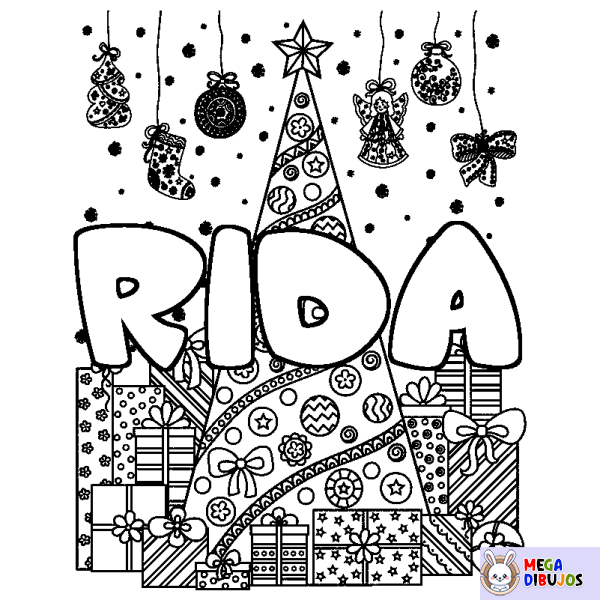 Coloración del nombre RIDA - decorado &aacute;rbol de Navidad y regalos