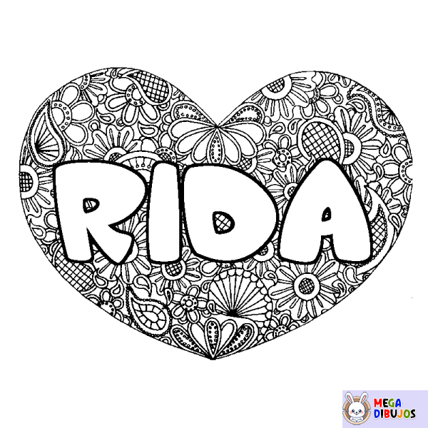 Coloración del nombre RIDA - decorado mandala de coraz&oacute;n