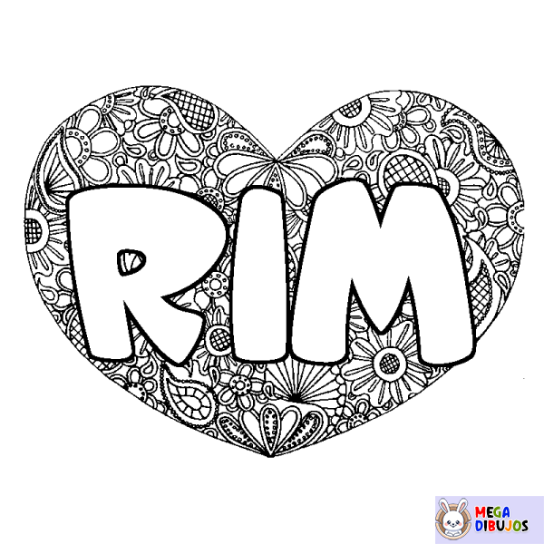 Coloración del nombre RIM - decorado mandala de coraz&oacute;n