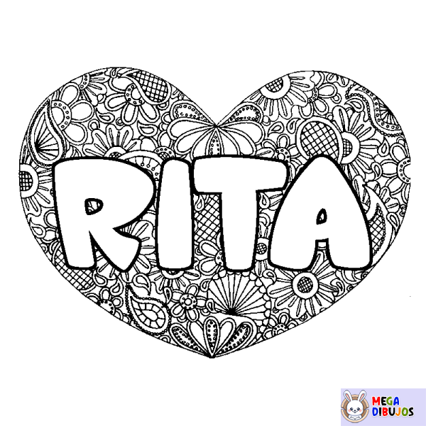 Coloración del nombre RITA - decorado mandala de coraz&oacute;n