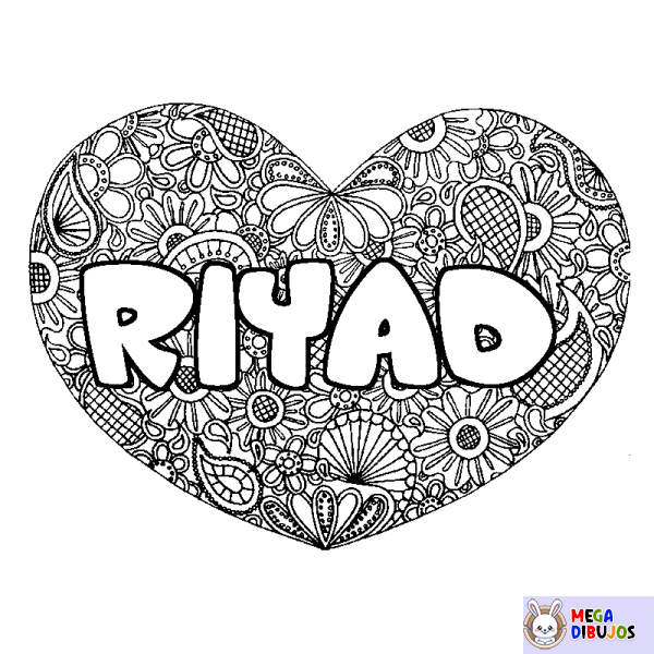 Coloración del nombre RIYAD - decorado mandala de coraz&oacute;n