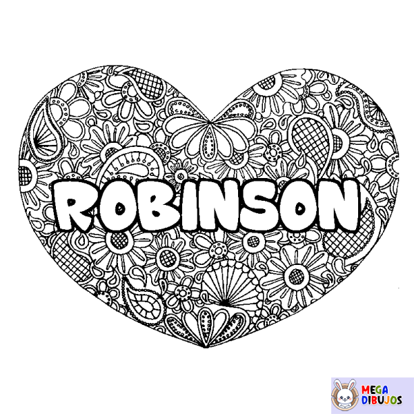 Coloración del nombre ROBINSON - decorado mandala de coraz&oacute;n