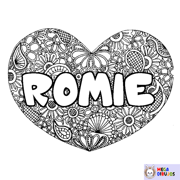 Coloración del nombre ROMIE - decorado mandala de coraz&oacute;n