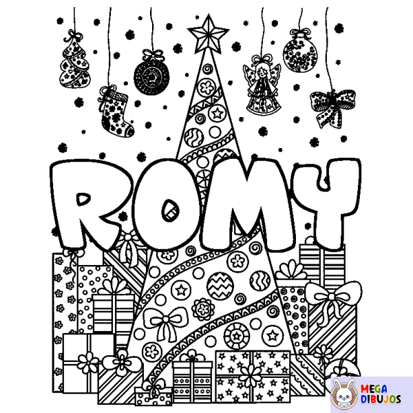 Coloración del nombre ROMY - decorado &aacute;rbol de Navidad y regalos