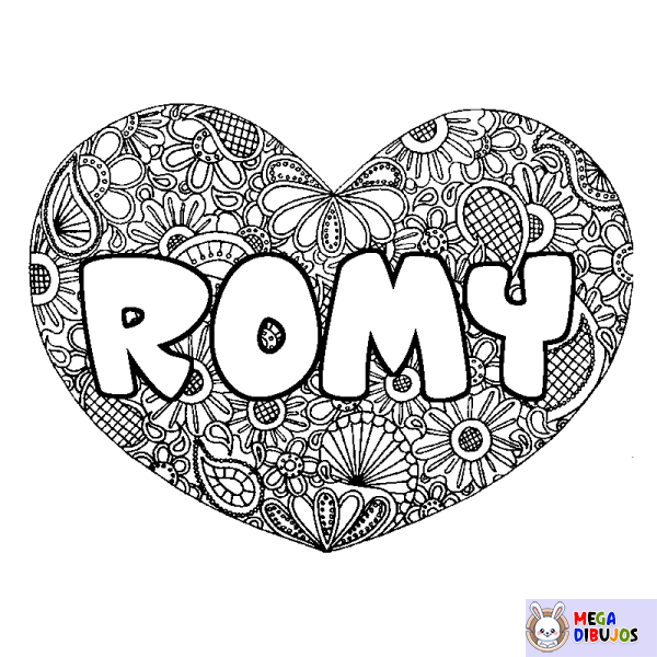 Coloración del nombre ROMY - decorado mandala de coraz&oacute;n