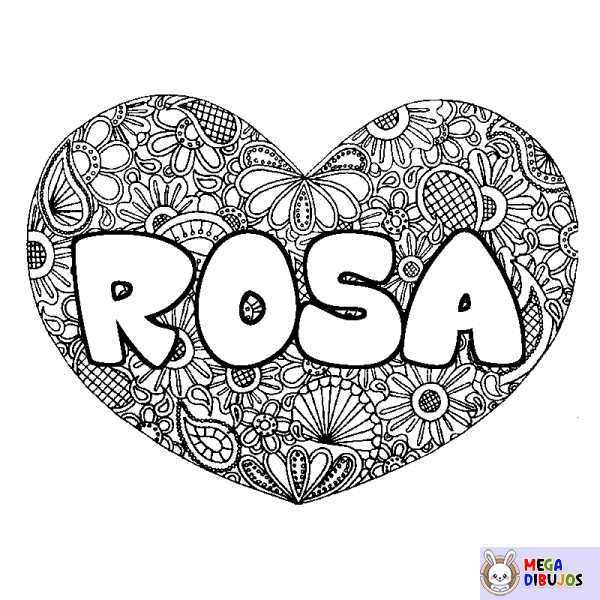 Coloración del nombre ROSA - decorado mandala de coraz&oacute;n