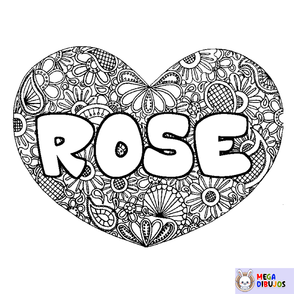 Coloración del nombre ROSE - decorado mandala de coraz&oacute;n