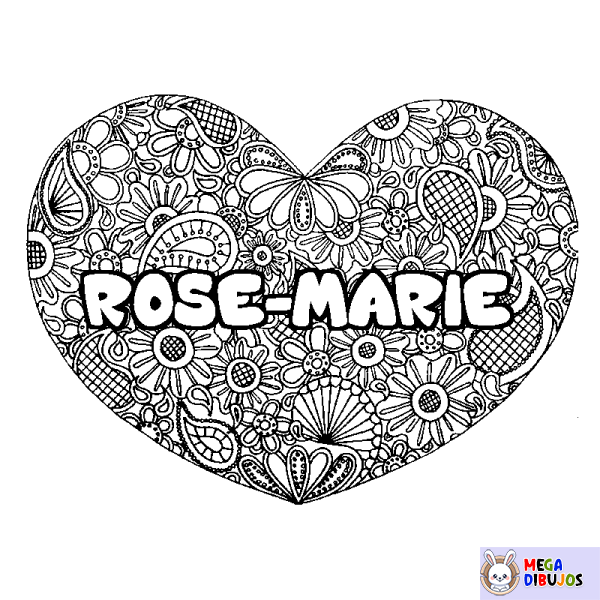 Coloración del nombre ROSE-MARIE - decorado mandala de coraz&oacute;n