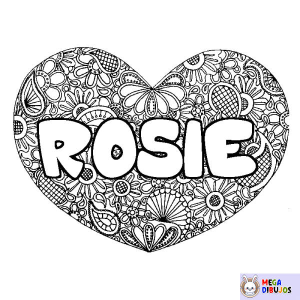 Coloración del nombre ROSIE - decorado mandala de coraz&oacute;n