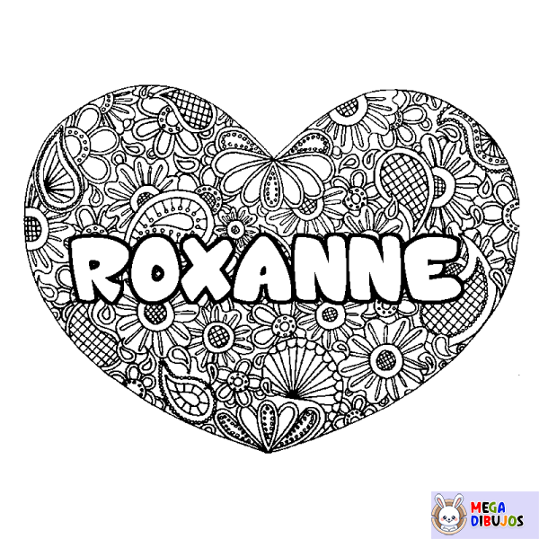 Coloración del nombre ROXANNE - decorado mandala de coraz&oacute;n