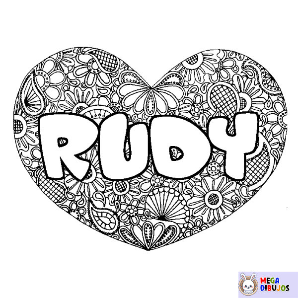 Coloración del nombre RUDY - decorado mandala de coraz&oacute;n