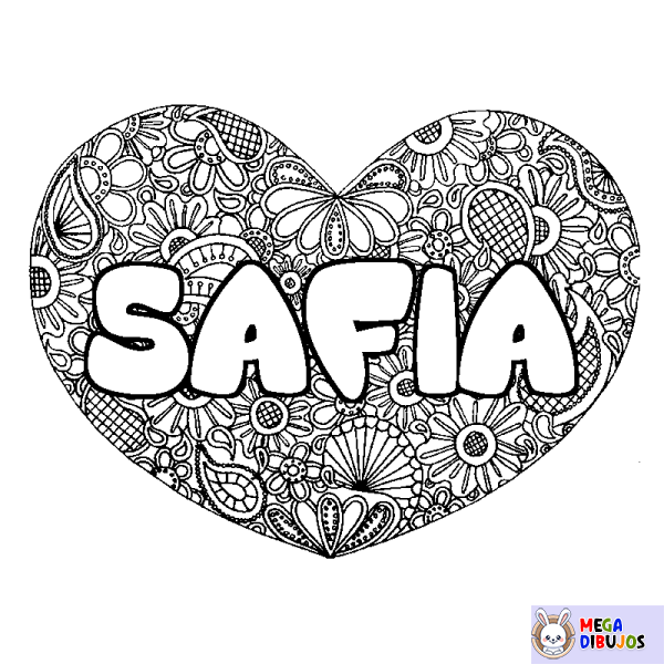 Coloración del nombre SAFIA - decorado mandala de coraz&oacute;n