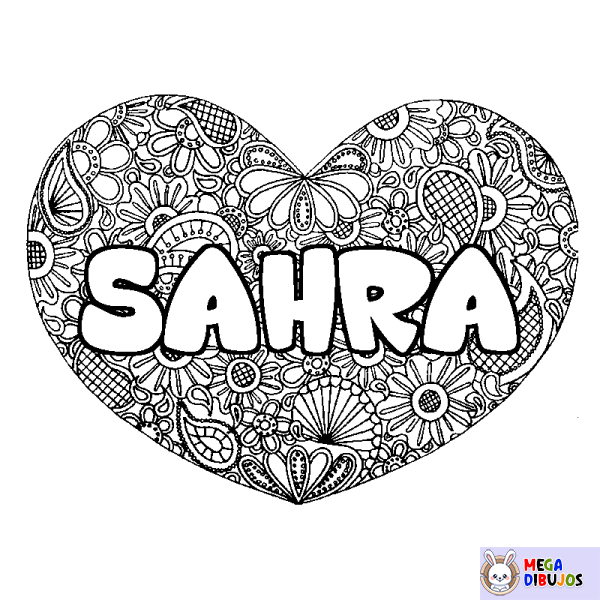 Coloración del nombre SAHRA - decorado mandala de coraz&oacute;n