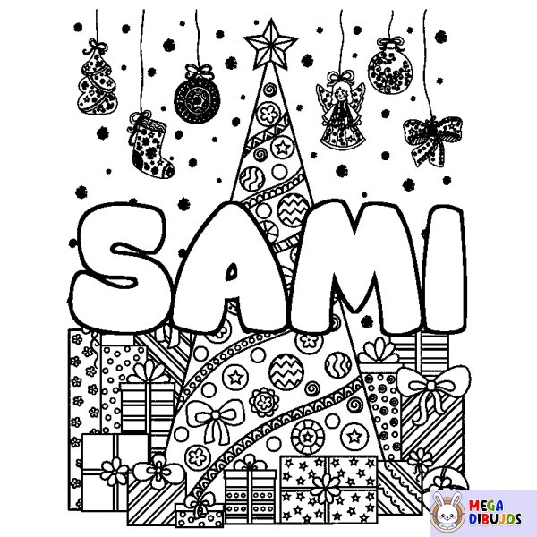 Coloración del nombre SAMI - decorado &aacute;rbol de Navidad y regalos