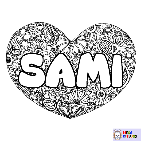 Coloración del nombre SAMI - decorado mandala de coraz&oacute;n