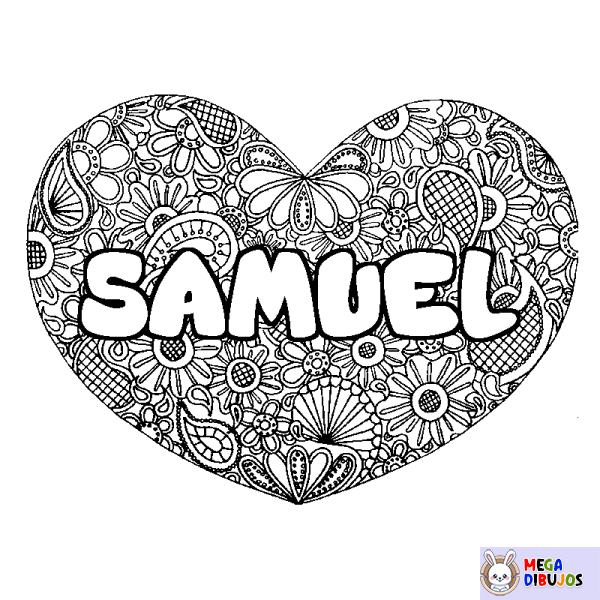 Coloración del nombre SAMUEL - decorado mandala de coraz&oacute;n