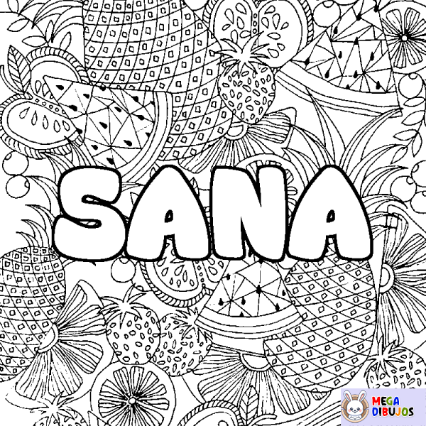 Coloración del nombre SANA - decorado mandala de frutas