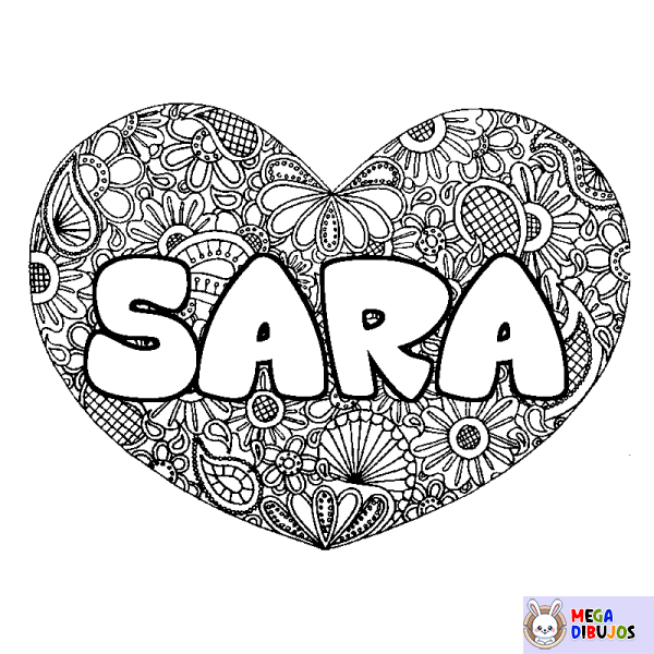 Coloración del nombre SARA - decorado mandala de coraz&oacute;n