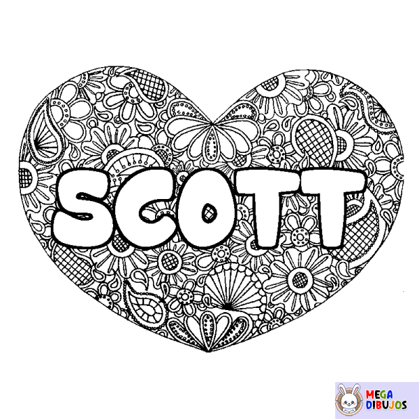 Coloración del nombre SCOTT - decorado mandala de coraz&oacute;n