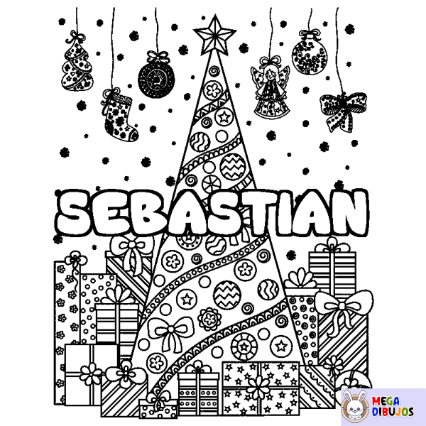 Coloración del nombre SEBASTIAN - decorado &aacute;rbol de Navidad y regalos