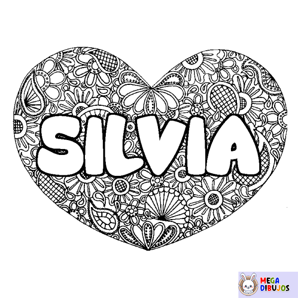 Coloración del nombre SILVIA - decorado mandala de coraz&oacute;n