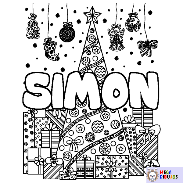 Coloración del nombre SIMON - decorado &aacute;rbol de Navidad y regalos