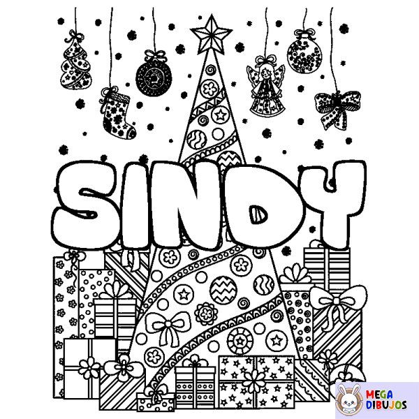 Coloración del nombre SINDY - decorado &aacute;rbol de Navidad y regalos