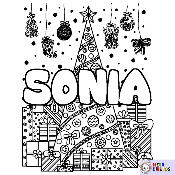 Coloración del nombre SONIA - decorado &aacute;rbol de Navidad y regalos