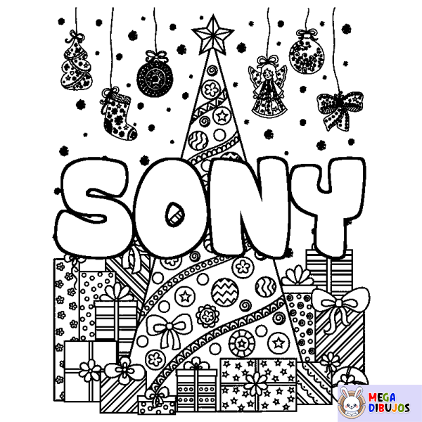 Coloración del nombre SONY - decorado &aacute;rbol de Navidad y regalos