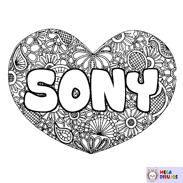 Coloración del nombre SONY - decorado mandala de coraz&oacute;n