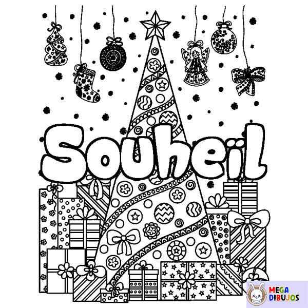 Coloración del nombre Souhe&iuml;l - decorado &aacute;rbol de Navidad y regalos