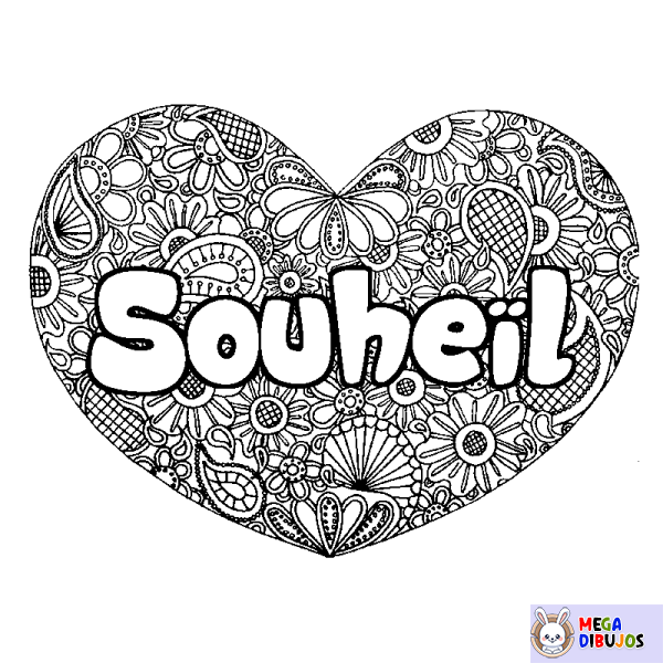 Coloración del nombre Souhe&iuml;l - decorado mandala de coraz&oacute;n