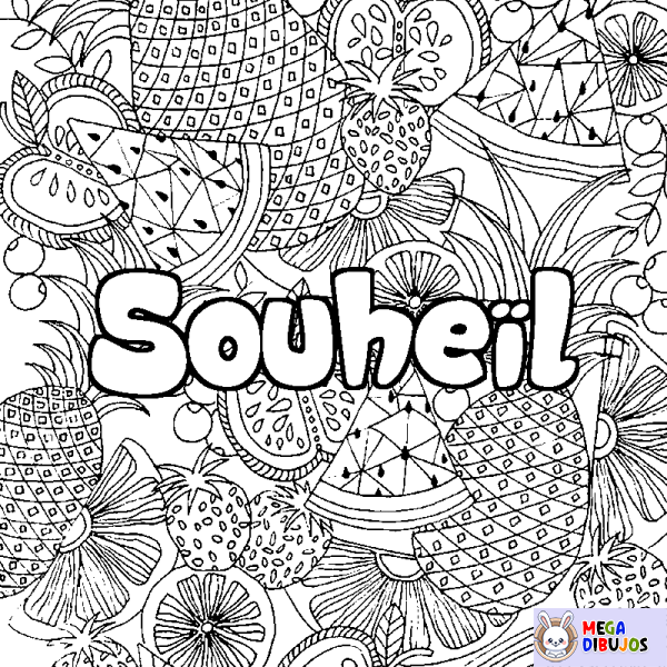 Coloración del nombre Souhe&iuml;l - decorado mandala de frutas