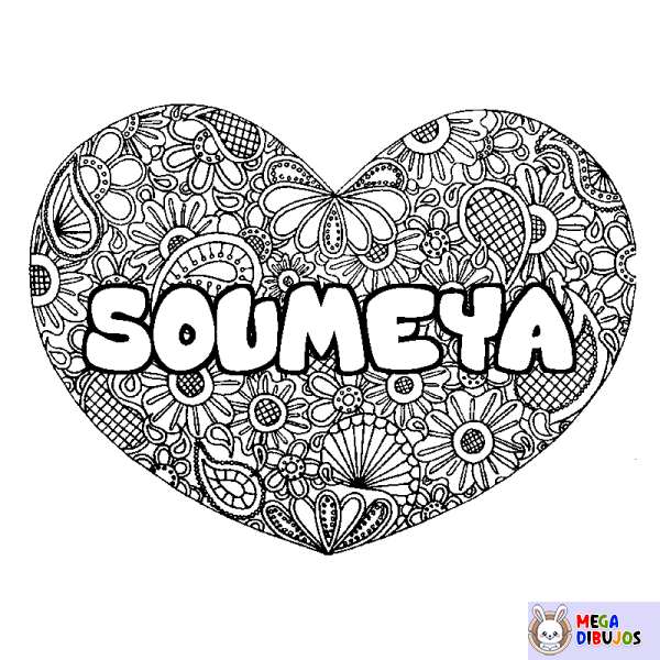 Coloración del nombre SOUMEYA - decorado mandala de coraz&oacute;n