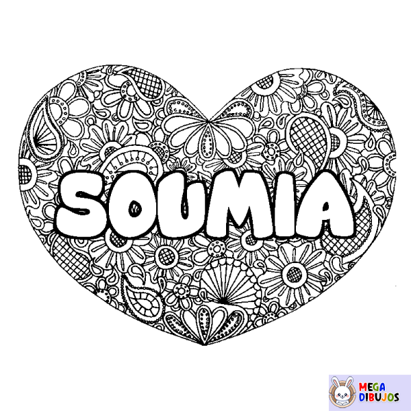 Coloración del nombre SOUMIA - decorado mandala de coraz&oacute;n