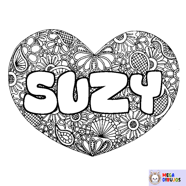 Coloración del nombre SUZY - decorado mandala de coraz&oacute;n