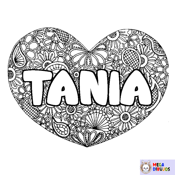 Coloración del nombre TANIA - decorado mandala de coraz&oacute;n