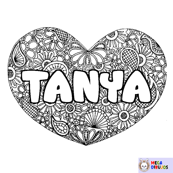 Coloración del nombre TANYA - decorado mandala de coraz&oacute;n