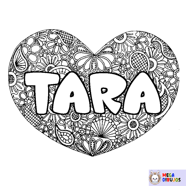 Coloración del nombre TARA - decorado mandala de coraz&oacute;n