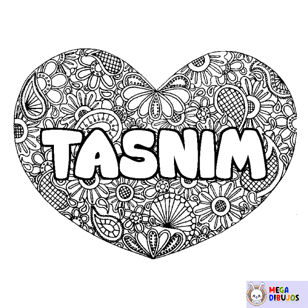 Coloración del nombre TASNIM - decorado mandala de coraz&oacute;n