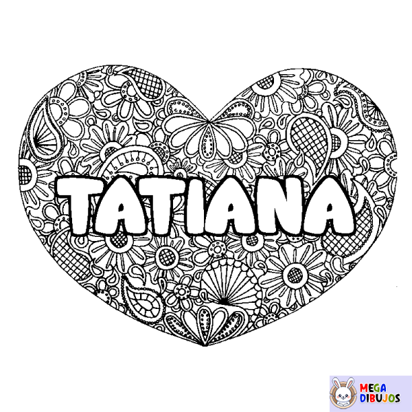 Coloración del nombre TATIANA - decorado mandala de coraz&oacute;n