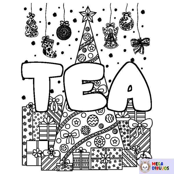 Coloración del nombre TEA - decorado &aacute;rbol de Navidad y regalos