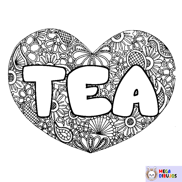 Coloración del nombre TEA - decorado mandala de coraz&oacute;n