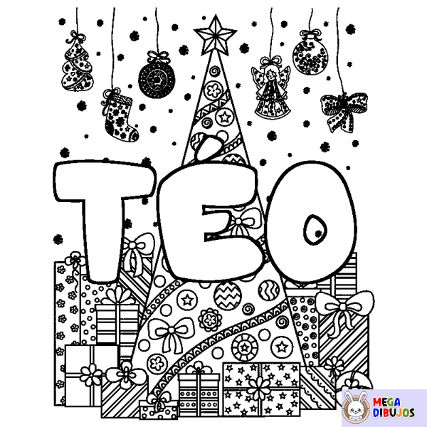 Coloración del nombre T&Eacute;O - decorado &aacute;rbol de Navidad y regalos