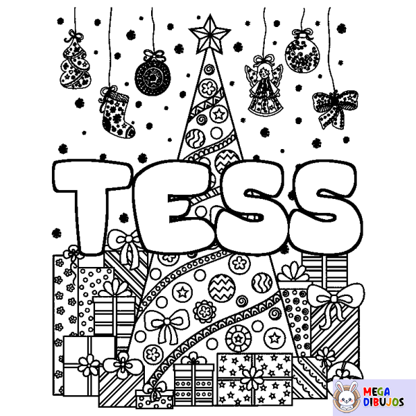 Coloración del nombre TESS - decorado &aacute;rbol de Navidad y regalos