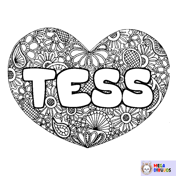 Coloración del nombre TESS - decorado mandala de coraz&oacute;n