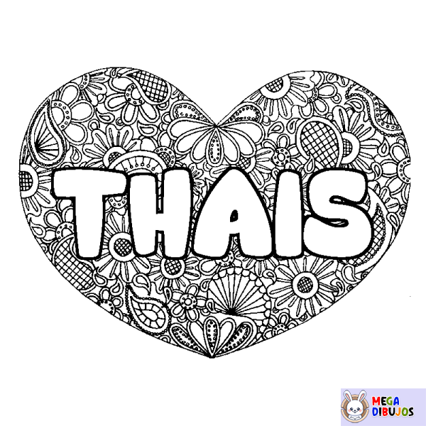 Coloración del nombre THAIS - decorado mandala de coraz&oacute;n